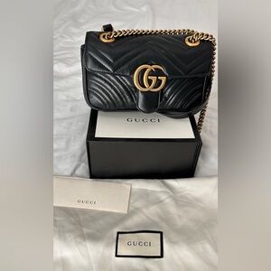 Gucci Black Matelassé Leather GG Marmont Shoulder Bag with Gold Hardware